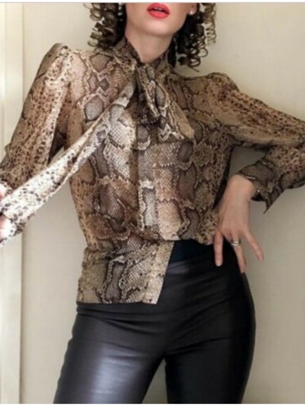 NWOT Zara Snake Print Tie-Neck Blouse in Beige and Brown Size Small